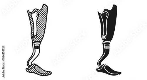 Prosthetic leg vector icons, artificial limb medical equipment set, black and white prosthetic leg silhouettes for healthcare and rehabilitation