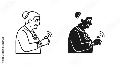 Elderly woman using medical alert system, senior person pressing emergency panic button, medical monitoring device icons for healthcare