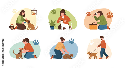People caring for pets, showing various interactions like feeding, grooming, and walking dogs and cats.