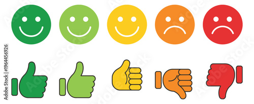 Customer satisfaction feedback rating scale, colorful emoji smileys and hand gestures from happy thumbs up to sad thumbs down, minimal vector for user experience and reviews.