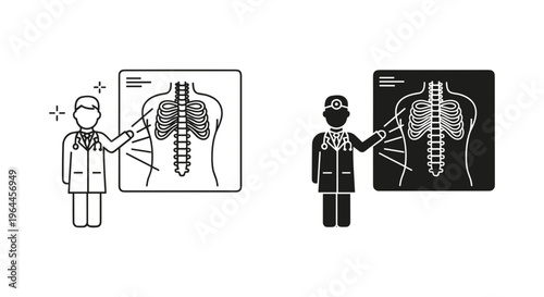 Medical doctor examining chest x-ray vector icons, radiologist analyzing human ribcage and spine scan, healthcare diagnostic illustration set