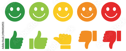 Customer satisfaction feedback rating scale, colorful emoji smileys and hand gestures from happy thumbs up to sad thumbs down, minimal vector for user experience and reviews.