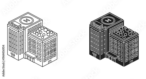 Isometric hospital building vector icons, modern medical clinic with rooftop helipad, black and white healthcare facility architecture set
