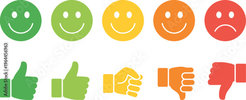 Customer satisfaction feedback rating scale, colorful emoji smileys and hand gestures from happy thumbs up to sad thumbs down, minimal vector for user experience and reviews.