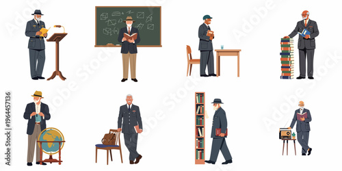 Collection of flat illustrations showing an elderly professor engaged in academic activities like reading, teaching, and researching in various scholarly environments.