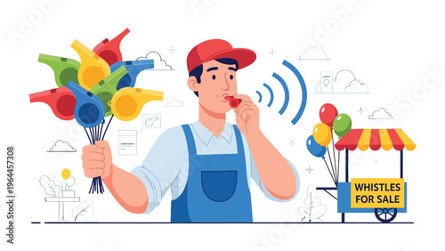 Whistle Vendor: A vendor stands with a collection of colorful whistles, blowing one to entice customers to his cart of party favors and balloons. A moment of amusement in a joyful marketplace.
