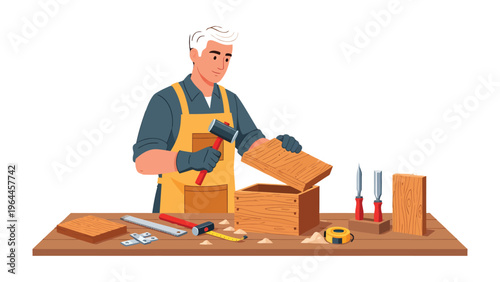 Woodworker Crafting Wooden Box: A skilled woodworker meticulously assembles a wooden box, his tools and precision-oriented work on display, capturing the essence of craftsmanship and dedication.
