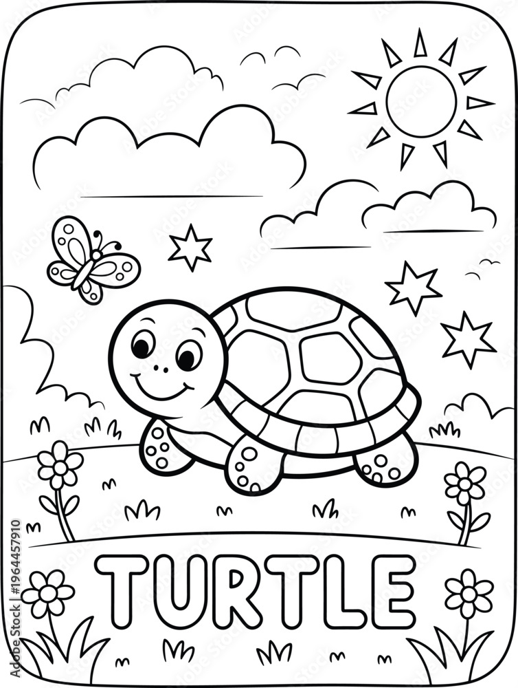 Fototapeta premium Cute turtle coloring page for kids, adorable tortoise character in nature with sun and flowers, cad drawing flat vector illustration