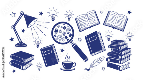 Literary Investigation: An illustrated composition revealing the process of exploration and reading, highlighting the significance of books, study, and inspiration