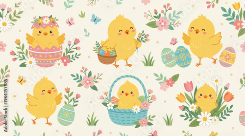 Easter Chicks in Bloom: A charming ensemble of adorable chicks frolic amidst a tapestry of Easter blossoms, eggs, and butterflies, painting a scene of springtime joy and celebration.