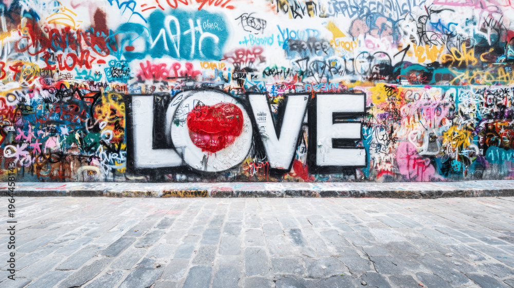 Fototapeta premium Graffiti covered wall featuring the word LOVE with a red heart, surrounded by vibrant tags and layers of urban street art