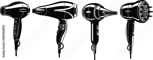 Set of Professional Hair Dryer Vector Icons Black and White Silhouette Isolated on White Background for Hair Salon Beauty Parlor Barber Shop and Styling Tools
