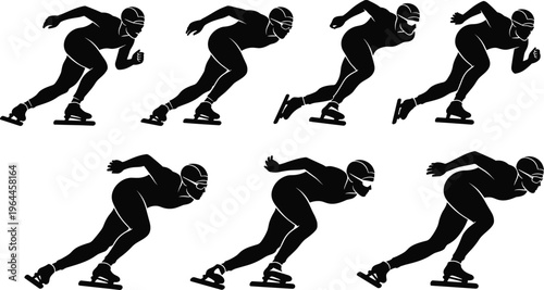 Set of professional speed skater silhouettes in various racing poses and action movements isolated on white background for winter sports and competition design.