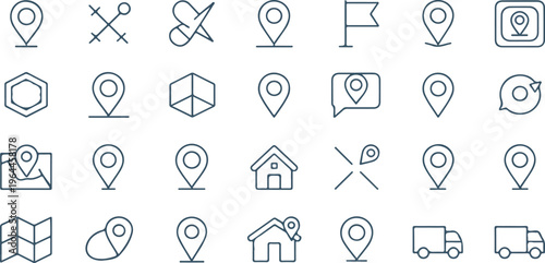 Set of map pin icons with location markers, GPS navigation pointers, delivery flags, geotag, address, route direction, and destination symbols vector illustration