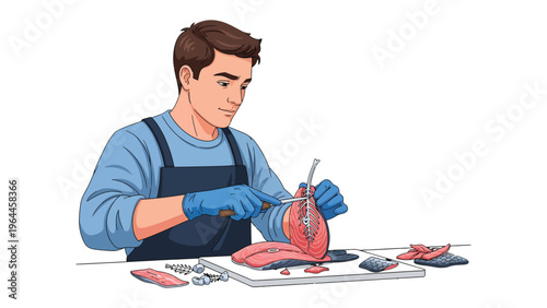 Expert Chef at Work: A skilled chef meticulously fillets a fish with precision and expertise, demonstrating culinary artistry and skill.