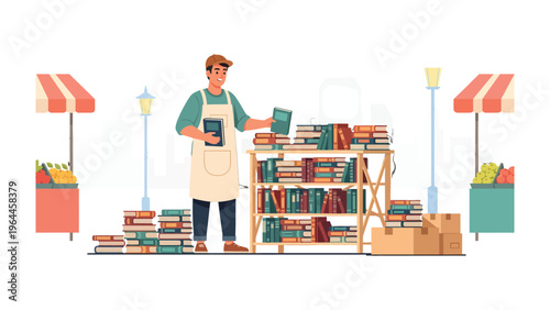 Bookstore scene: The illustration depicts a friendly bookstore owner amid a vibrant collection of literature at his outdoor stall.