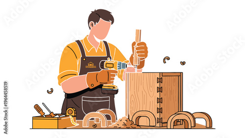 Craftsman at Work: A skilled craftsman meticulously shaping wood, engaged in the art of carpentry. He concentrates on the precision work with his tools, embodying dedication and skill.
