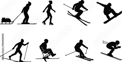 Winter sports silhouette vector set featuring skiing, snowboarding, ice skating and sled activities isolated on white background for adventure, recreation and design use