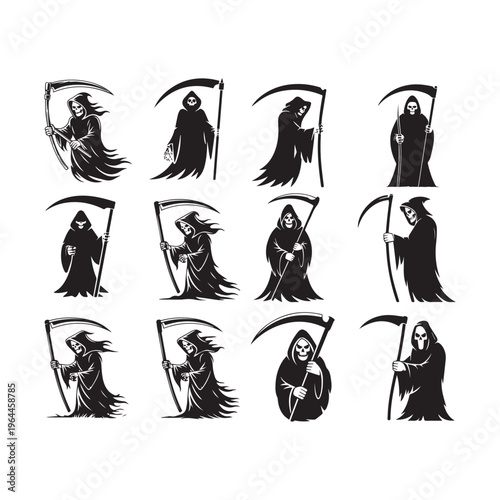 Set of 12 Grim Reaper Silhouettes with Scythe, Angel of Death Character Icons for Halloween and Dark Designs