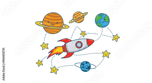 Colorful cartoon rocket ship in space.