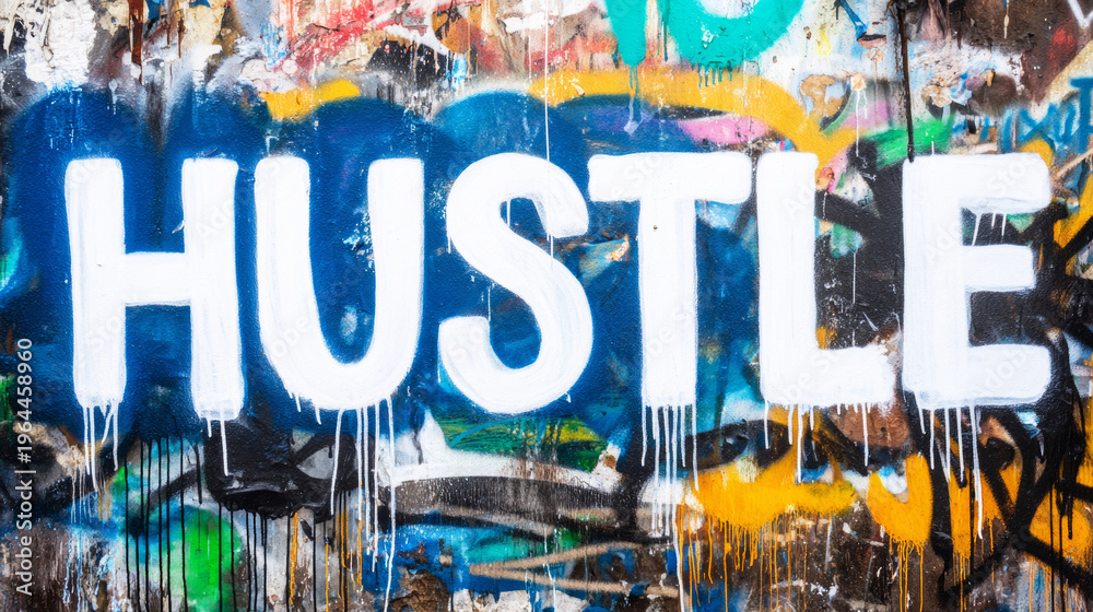 Naklejka premium Hustle word graffiti on colorful urban wall, symbolizing ambition, determination, and hard work in street art culture
