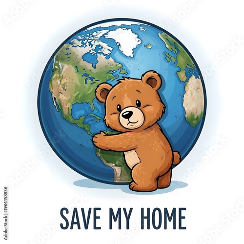 bear hugging Earth globe saying save my home, Environmental Protection Protect the planet concept illustration