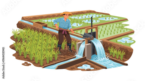 Agricultural Irrigation: An illustration of a farmer managing a water system to irrigate a rice field, showcasing the precision and essential role of water management in agriculture.
