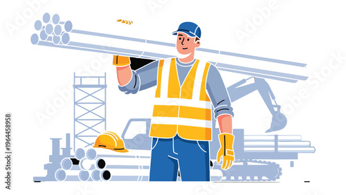 Construction Worker at Work: A construction worker in a high-visibility vest carries materials on a construction site. This image evokes the strength and dedication of the workforce.
