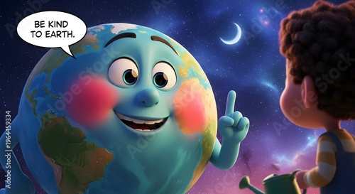 Earth planet character in space saying to a boy kid Be kind to Earth, in a Speech bubble, 3d cartoon
