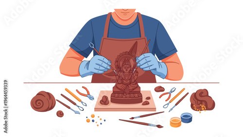 Sculptor at Work: Witness the focused precision of an artisan as they shape clay, surrounded by essential tools, bringing a sculpture to life