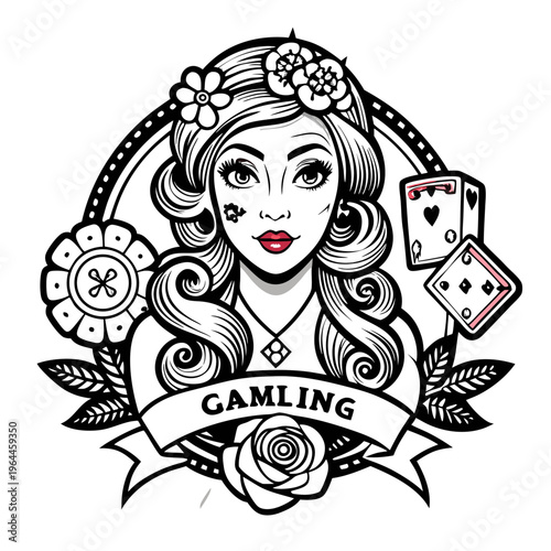 Vintage tattoo-style illustration of woman with flowers in hair and gambling elements