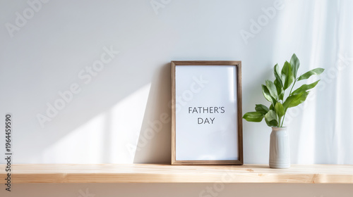 Minimal interior space with a FATHER'S DAY poster in a wooden frame. Fresh green plant in a vase on a light wood shelf