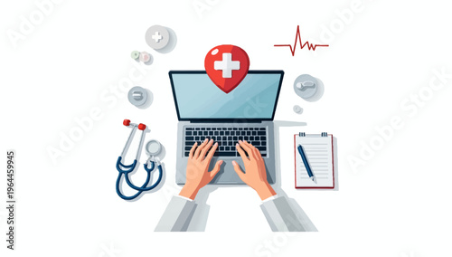 Flat vector illustration of a doctor using a laptop for online medical consultation and digital healthcare services