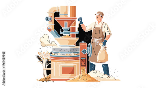 Artisan Milling: An artisan stands beside a vintage grain mill. The scene captures the traditional method of flour production.