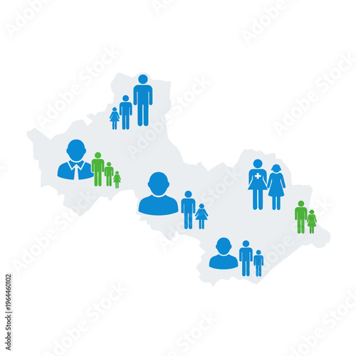 Infographic map showing population demographics and regional distribution with blue and green human icons for statistical analysis