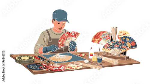 Crafting Elegance: A skilled artisan meticulously assembles a handcrafted folding fan, embodying dedication to artistry and traditional craftsmanship.