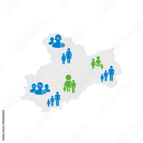 Demographic map showing population distribution, family units, and healthcare statistics across different regional districts.