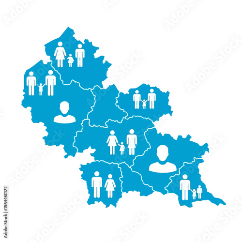 Blue regional map with white icons representing population demographics and family distribution across different geographical areas for statistical analysis.