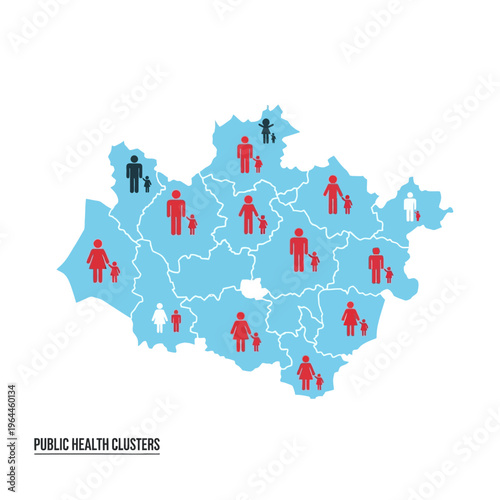 Public health clusters map showing population distribution and demographic data with regional icons of families and individuals