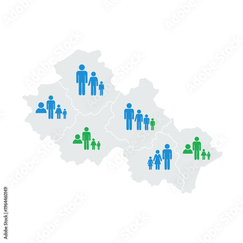 Infographic illustration of a regional map with people icons representing population density and demographic data across various districts