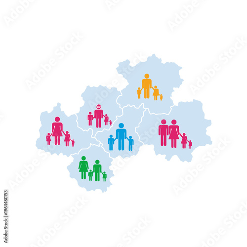 Regional map illustration showing population distribution and family demographics with colorful icons for census data visualization