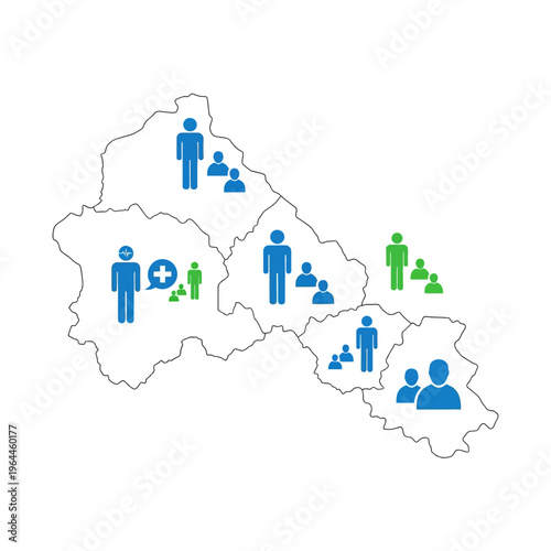 Regional Map Illustration Representing Population Demographics and Healthcare Access Distribution with Human Pictograms and Medical Symbols