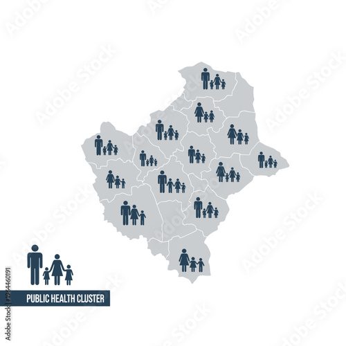 Infographic Map Showing Population Distribution and Public Health Clusters with Family Icons in Different Regions