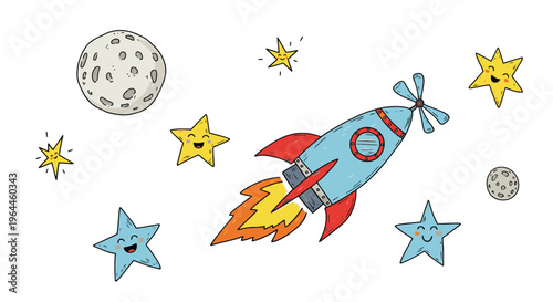 Colorful cartoon rocket ship flying through space.