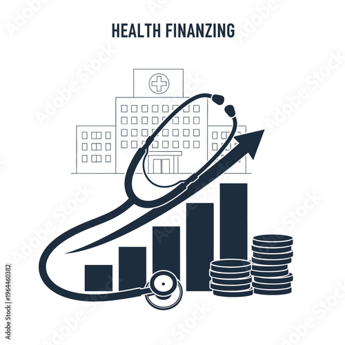 Health Financing Concept with Hospital Building Stethoscope Bar Chart and Coins Representing Medical Costs and Economic Growth in Healthcare Industry