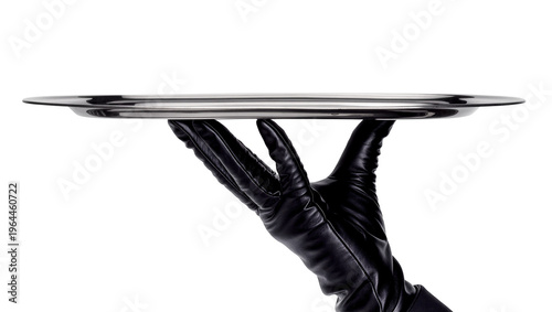 Isolated black gloved hand serving a shiny metal tray, elegant formal service presentation