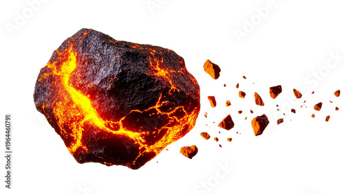 Fotografía Isolated fiery glowing meteor asteroid fragment breaking apart with molten lava