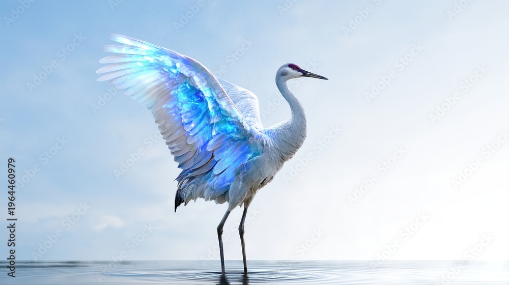 Naklejka premium Majestic white crane with glowing blue wings standing in calm water under a bright sky