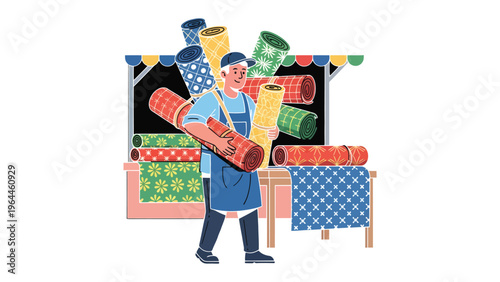 Artisan Displaying Fabrics: An artisan, sleeves rolled up, proudly showcases an array of colorful fabric rolls. A vibrant testament to craftsmanship and the art of textiles.