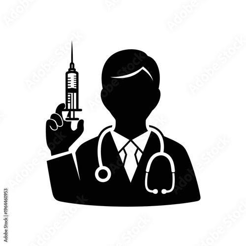 Professional Male Doctor Silhouette Holding a Syringe for Vaccination and Immunization with Stethoscope Icon